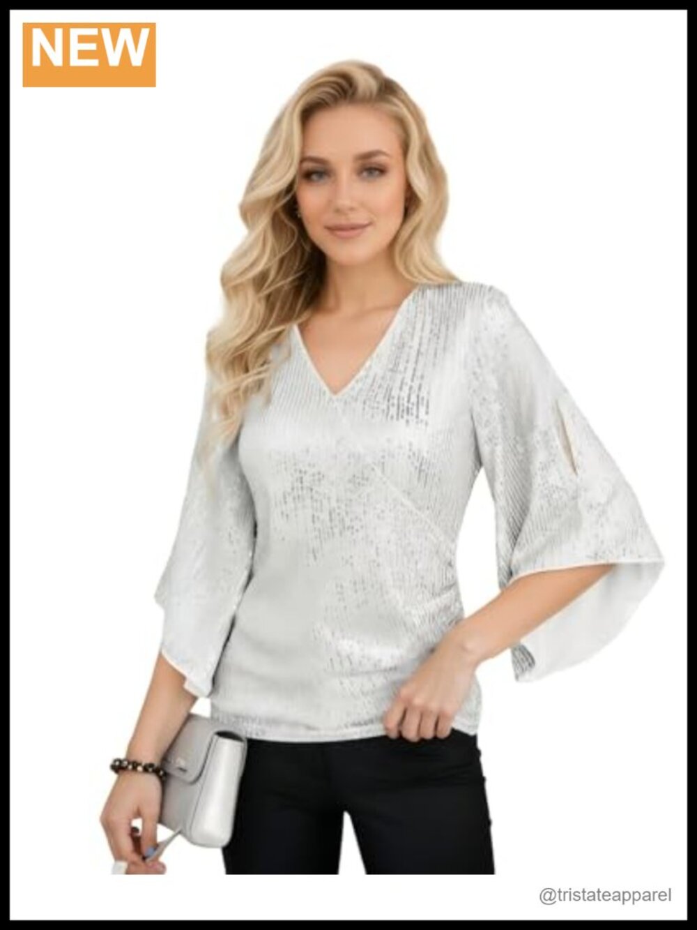 Women's Sequin V-Neck Blouse, 3/4 Bell Sleeves Glitter Sparkly Evening Party Top